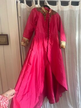 Handmade pink silk taffeta overcoat/dress w/ beaded embroidery and mesh cut out